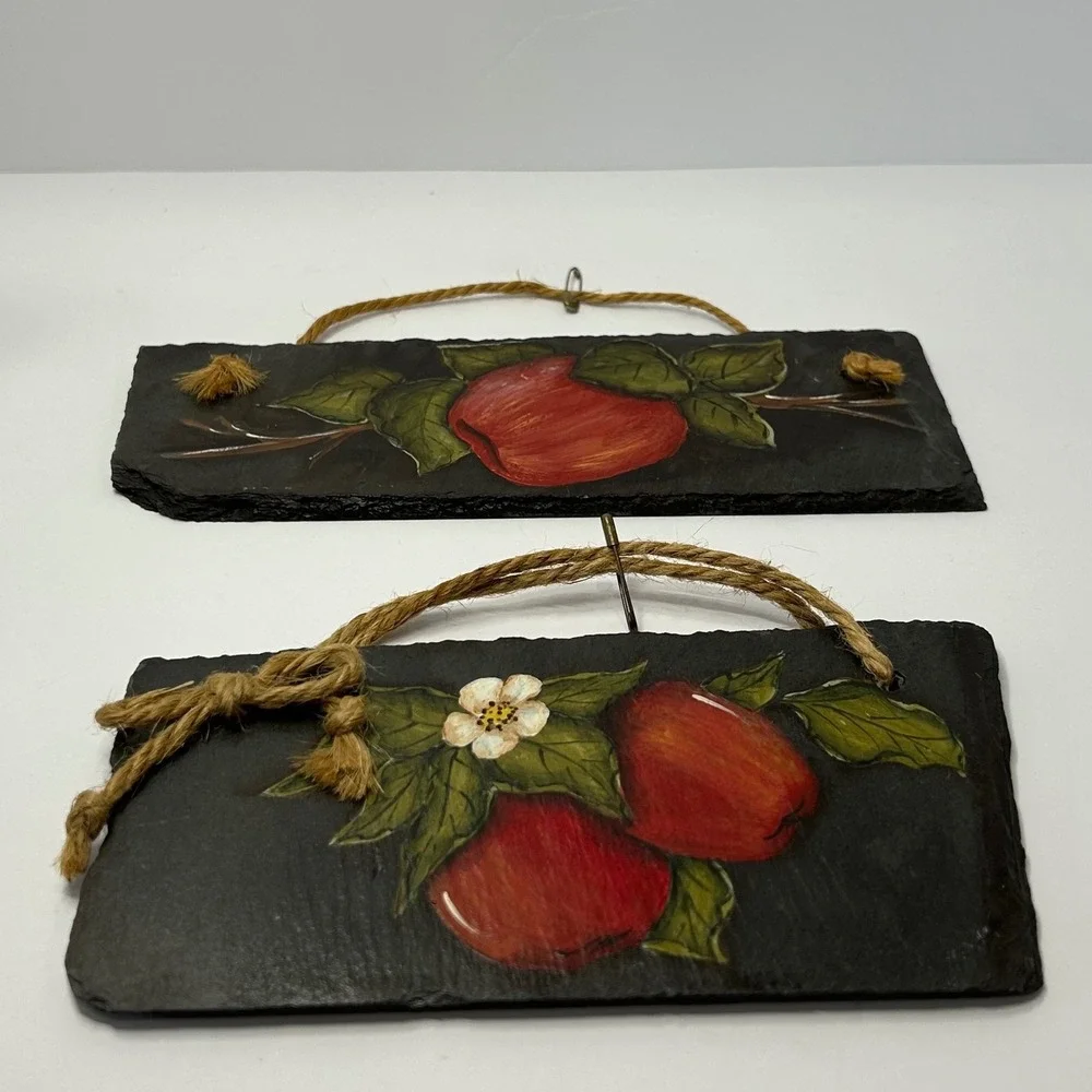 Hand Painted Slate Apple Wall Hanging Decor Set of‎ 2 Home Decor Cute Art